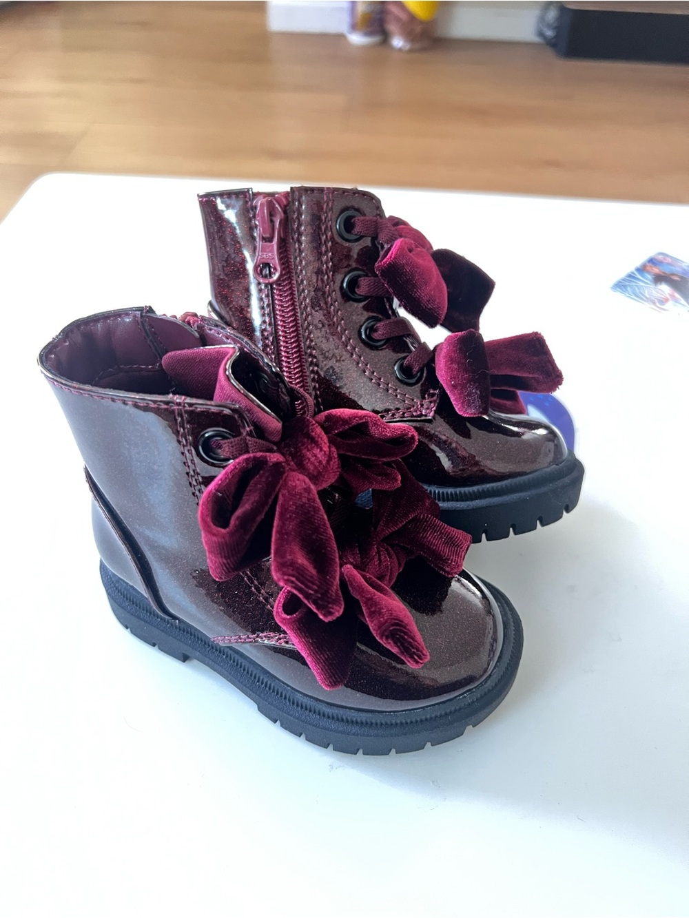 Girls' Burgundy Patent Ankle Boots with Velvet Bow Laces